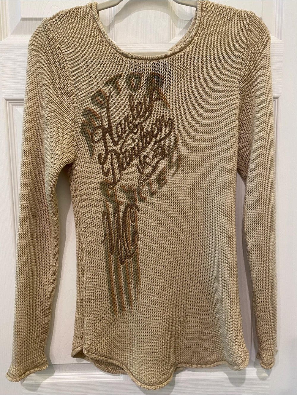 Harley-Davidson Women’s Large Open Knit Graphic Sweater Beige Long Sleeve